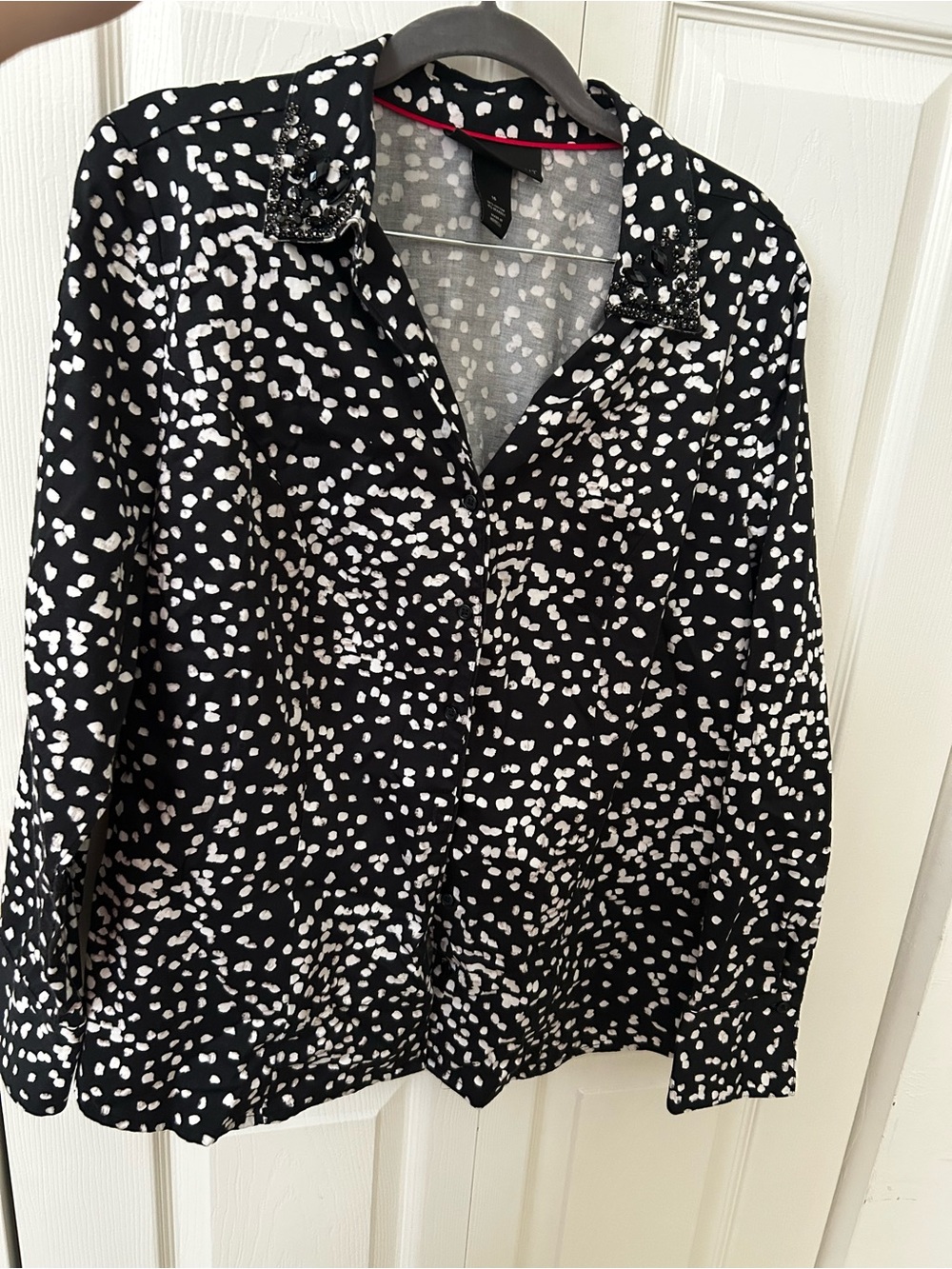 Lane Bryant Black and White Beaded Collar Button-Down Shirt